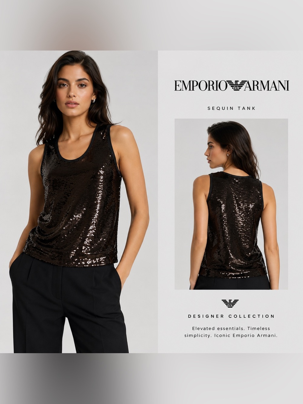 Emporio Armani Black Sequin Scoop-Neck Glam Tank Top Size 38 or XS-Small